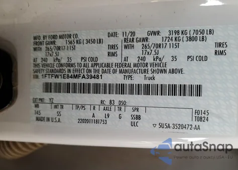 2021 Ford F150 Supercrew из США, поврежденный, VIN 1FTFW1E84MFA39481